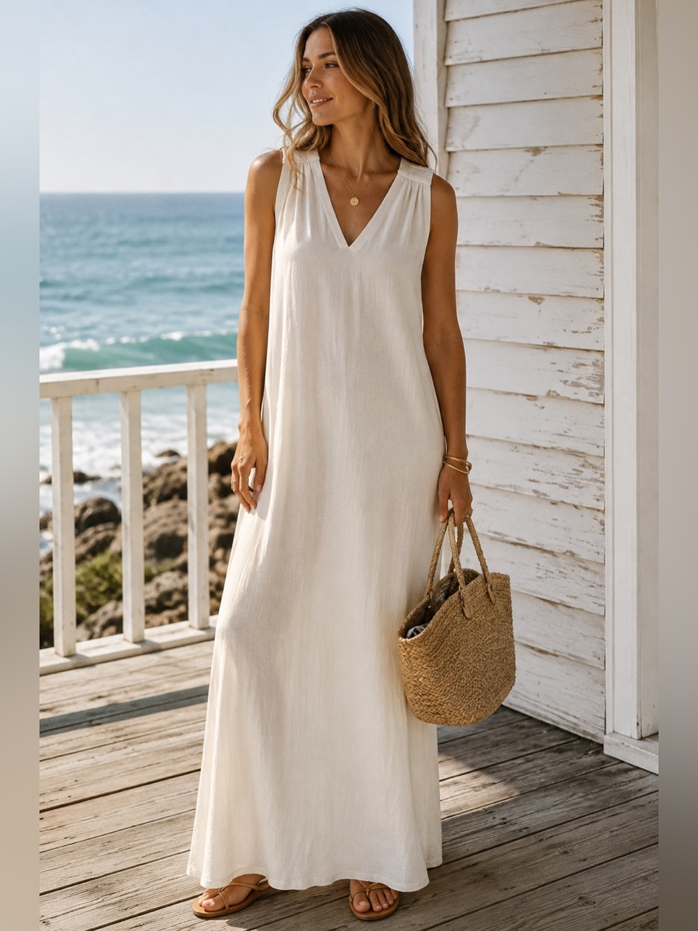 RicherPoorer Sleeveless V-Neck Textured Maxi Dress Cream Ivory Medium